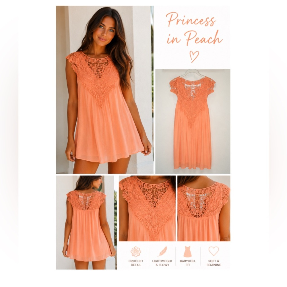 Peach Crochet Yoke Sleeveless Dress Sz L built in slip